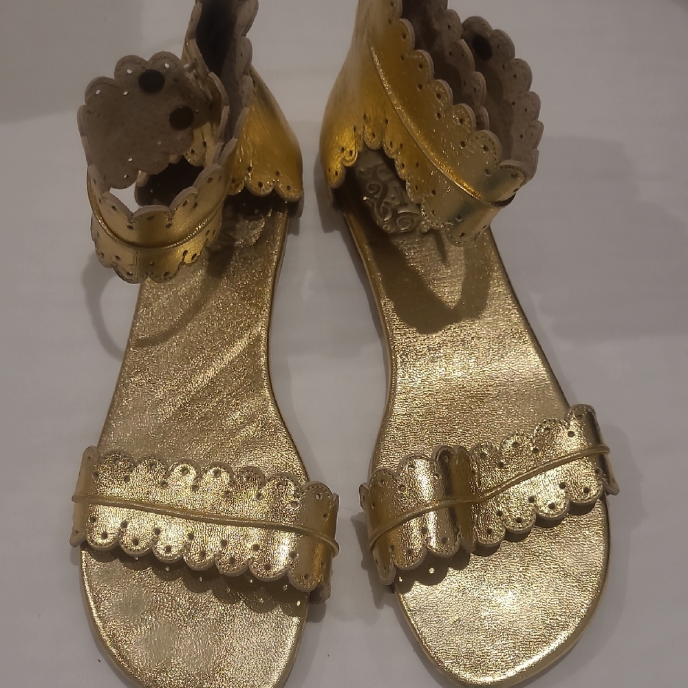 Gold Scalloped Ankle-Strap Women's Sandals Womens 10 Leather Elf Handmade GUC